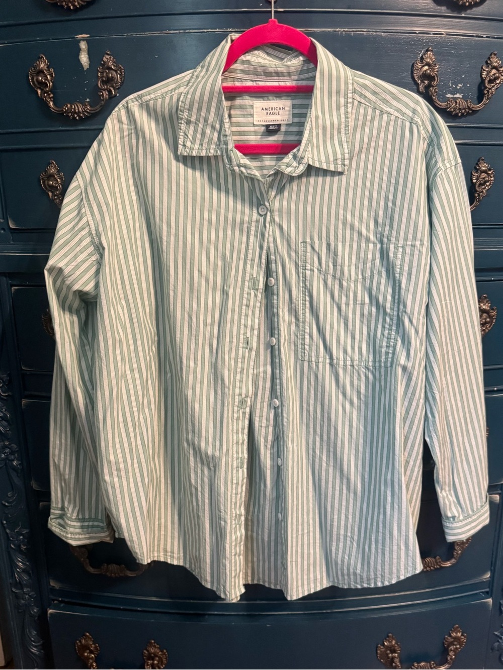American Eagle Outfitters Light Green & White Striped Button-Down Shirt